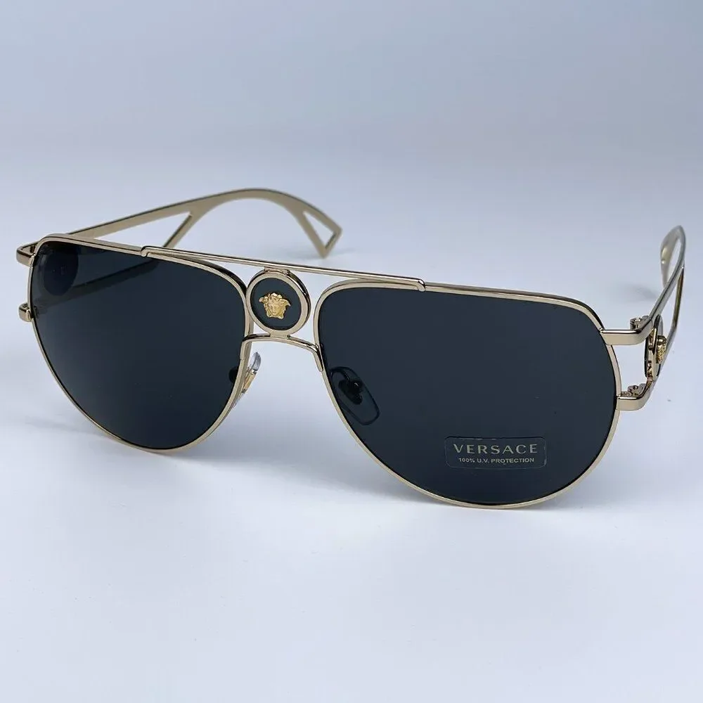 NEW Versace VE2225 MEDUSA PILOT 100287 Gold Gray Aviator Metal Unisex Sunglasses